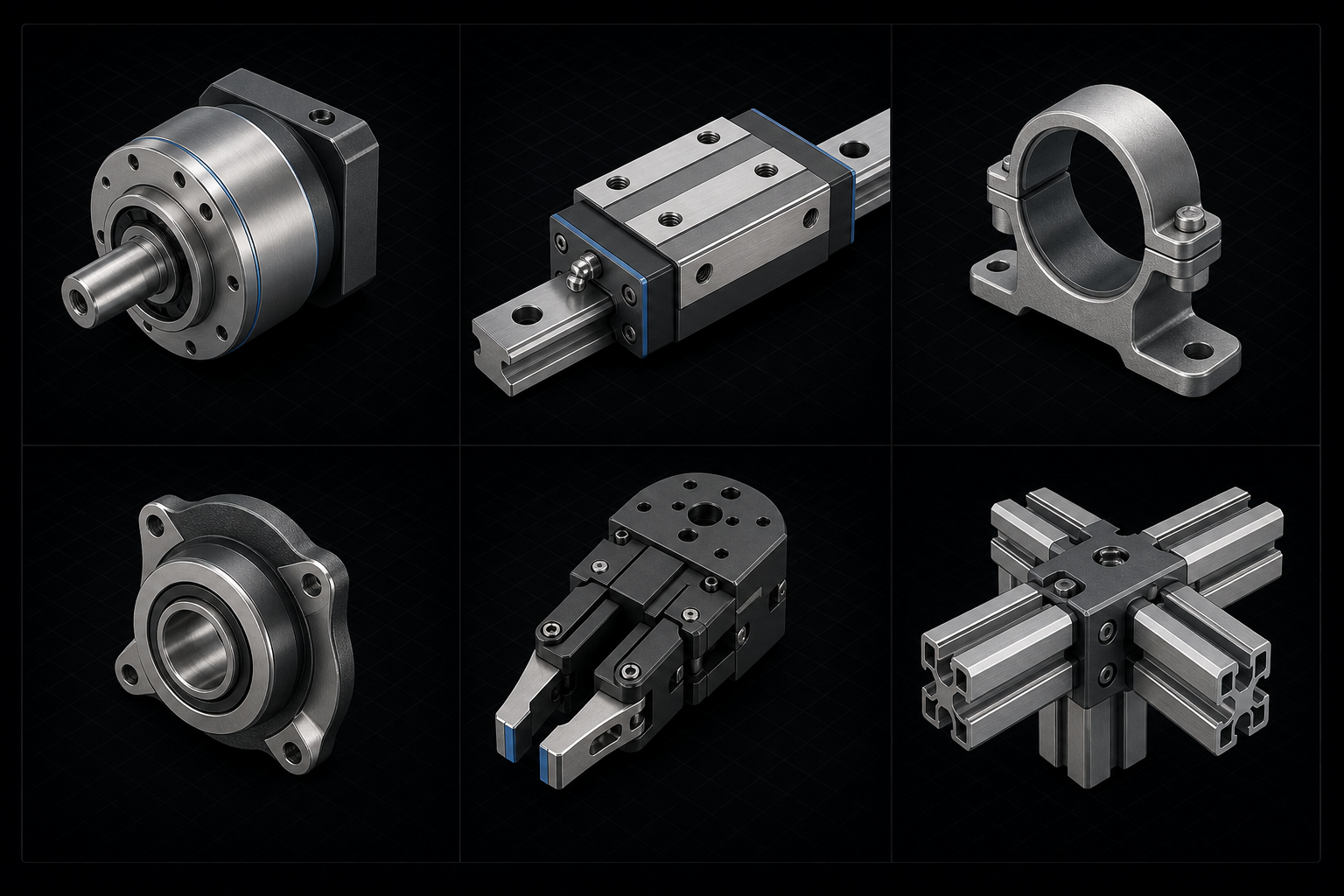 Six generated CAD models including a gear housing, guide carriage, pipe clamp, flange adapter, robotic gripper, and frame connector